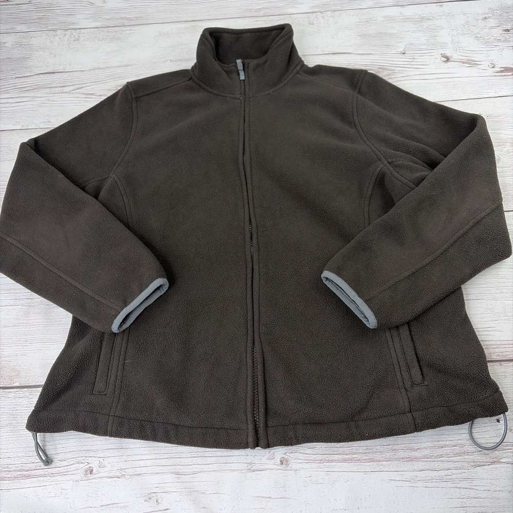 Lands' End Women's LP 14-16 Brown Fleece Jacket Coat Long Sleeves Therma Check